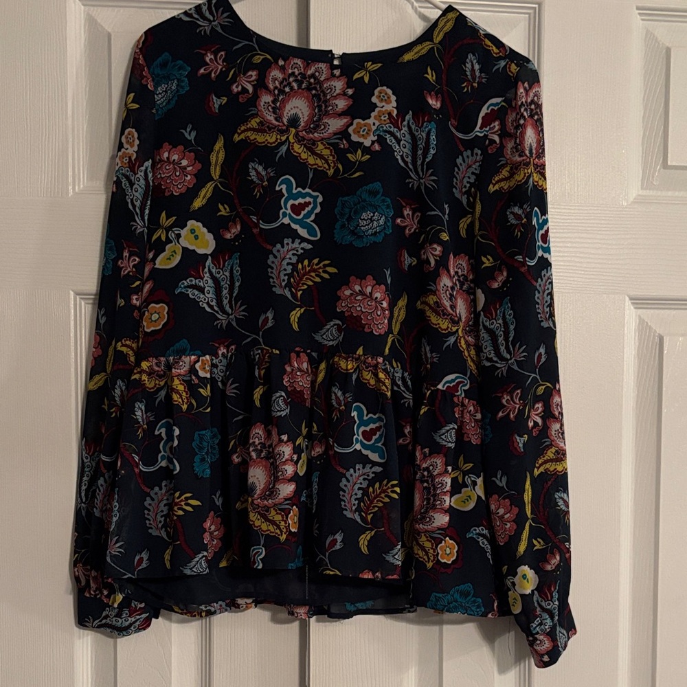 LOFT Green Floral peplum blouse with long sheer sleeves